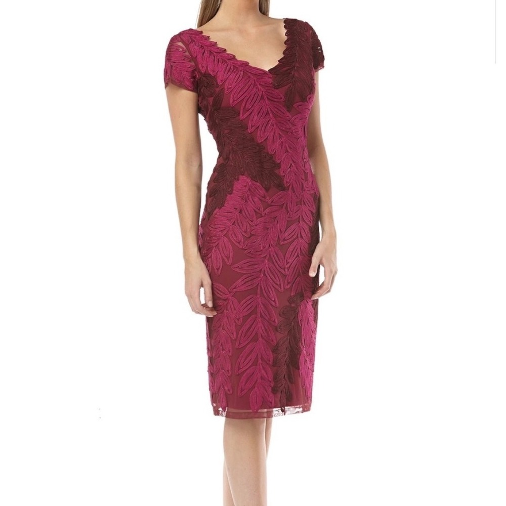 JS Collection Hot Pink Plum Soutache V-neck Midi Dress Leaf Embroidery size 4